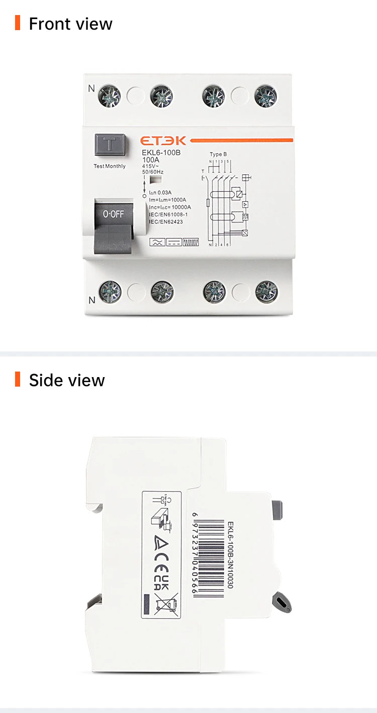 ETEK RCD RCCB Type B Earth Leakage Residual Current Circuit Breaker Evse 2P 4P 40a 63a 100a 30ma 300mA EKL6-100B Din Rail 220V