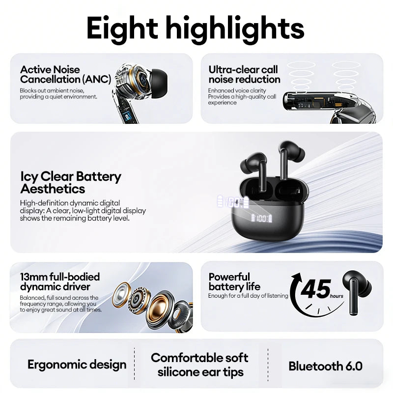 Lenovo LE232 ANC Noise Cancelling True Wireless Earphones Bluetooth 6.0 Gaming Headphone LED Digital Display In Ear Bass Earbuds