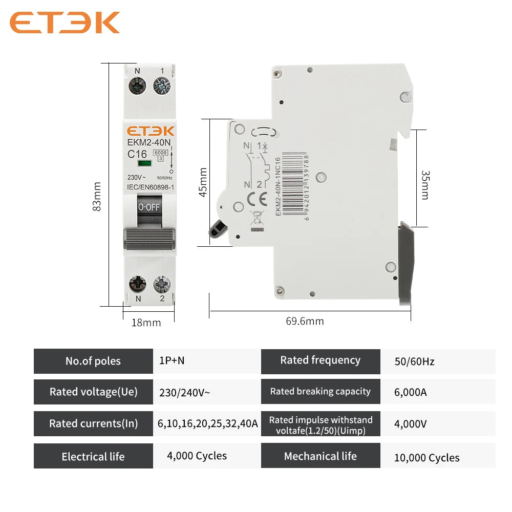 ETEK Din rail mounted miniature household air circuit breaker MCB 30mA C curve 10A 16A 20A 25A 32A 1P+N Mini circuit breaker EKM