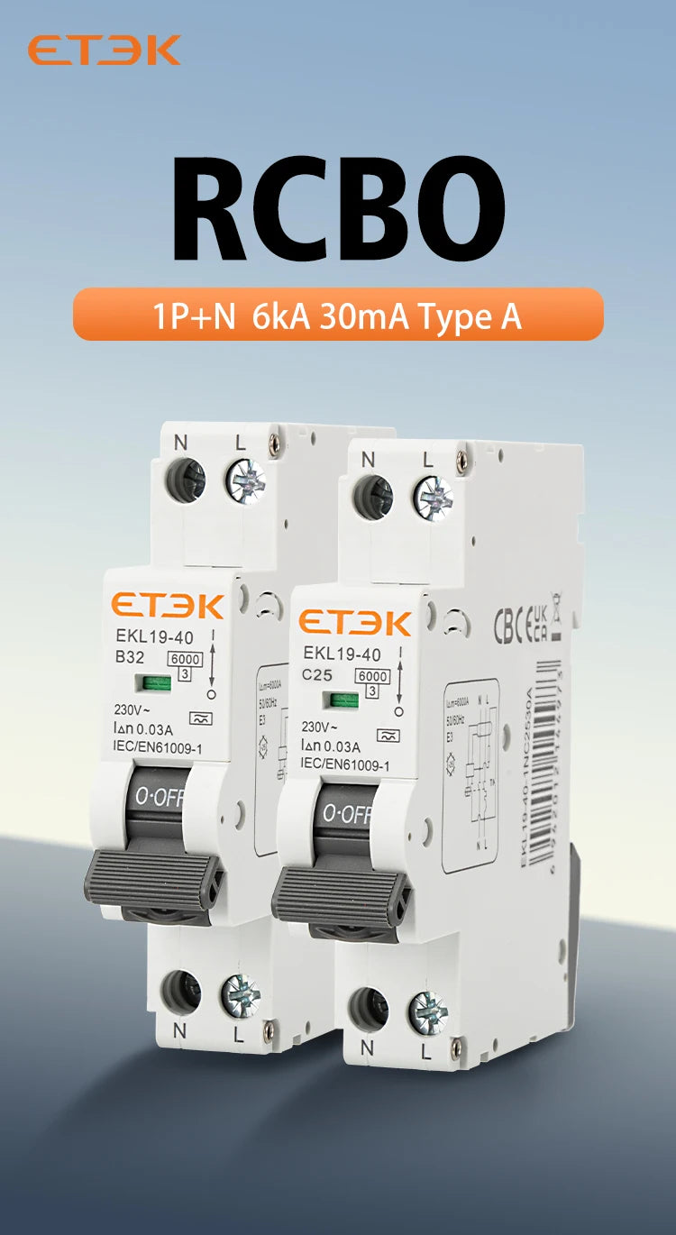 ETEK A Type Residual Automatic Circuit Breaker 6KA 1P+N 2P 18mm RCBO Max 40A 30mA C Curve EKL19