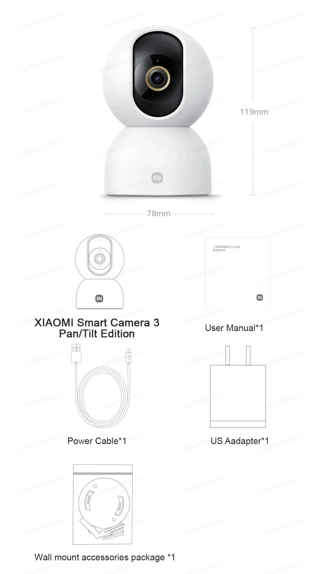 XIAOMI Smart Camera 3 Chinese Version,3K Ultra-clear HD,360° Pan-Tilt-Zoom,AI Human Detection,5 Megapixel Two-Way Voice Calls