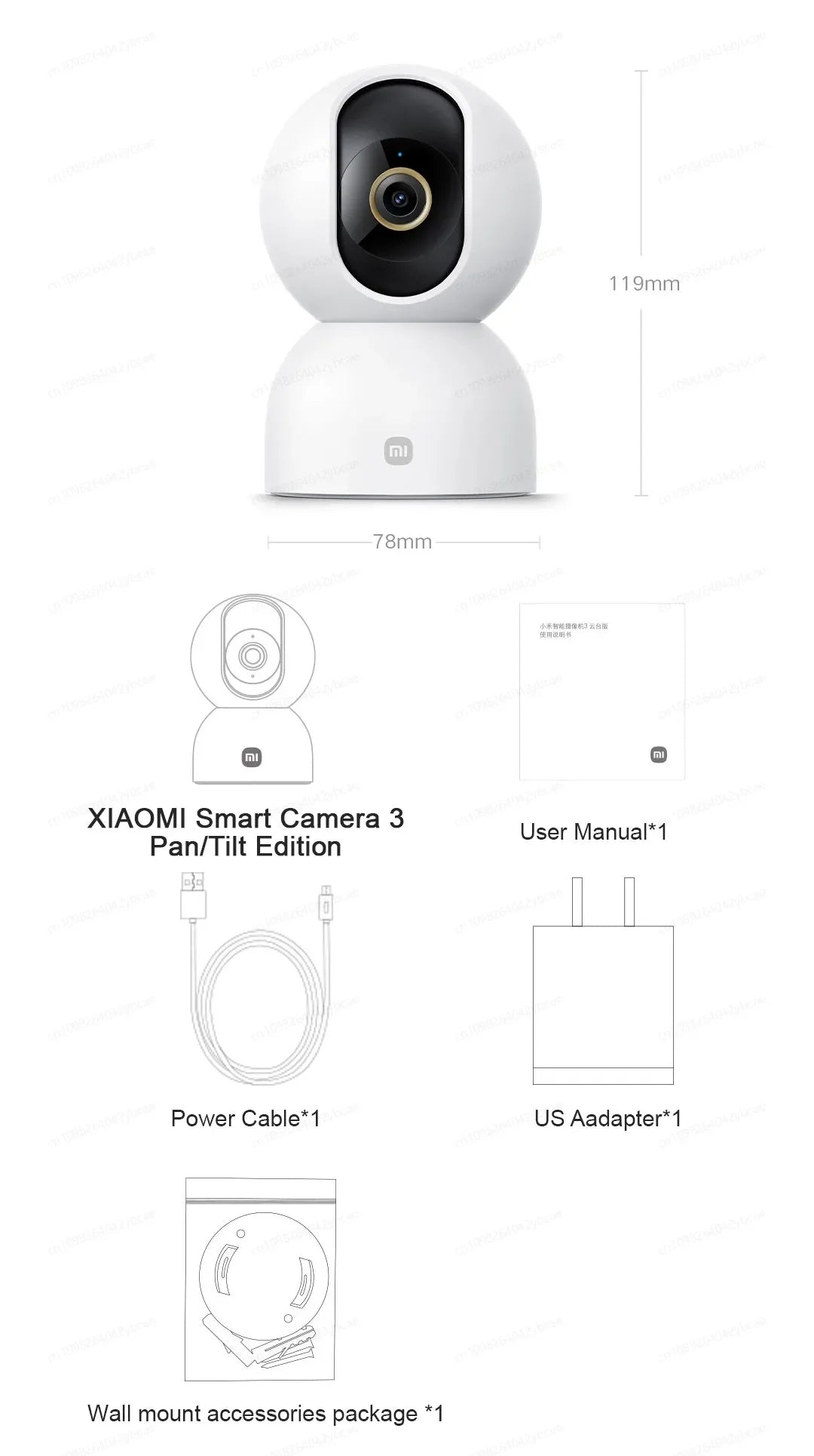 XIAOMI Smart Camera 3 Chinese Version,3K Ultra-clear HD,360° Pan-Tilt-Zoom,AI Human Detection,5 Megapixel Two-Way Voice Calls