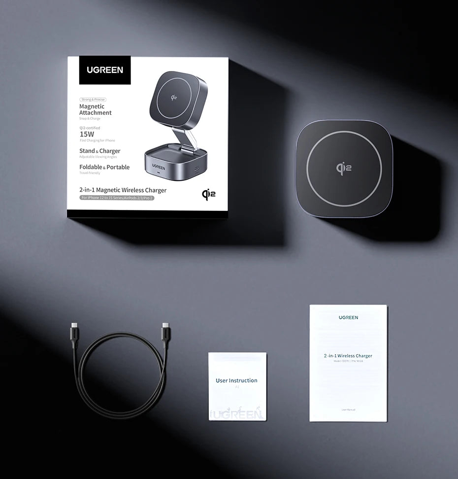 UGREEN Qi2/Qi Magnetic Wireless Charger Stand 15W 2-in-1 Charging Stand For iPhone 16 17 Pro Max/AirPods MagSafe Fast Charger