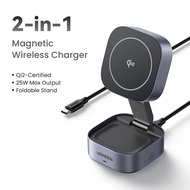 UGREEN Qi2/Qi Magnetic Wireless Charger Stand 15W 2-in-1 Charging Stand For iPhone 16 17 Pro Max/AirPods MagSafe Fast Charger