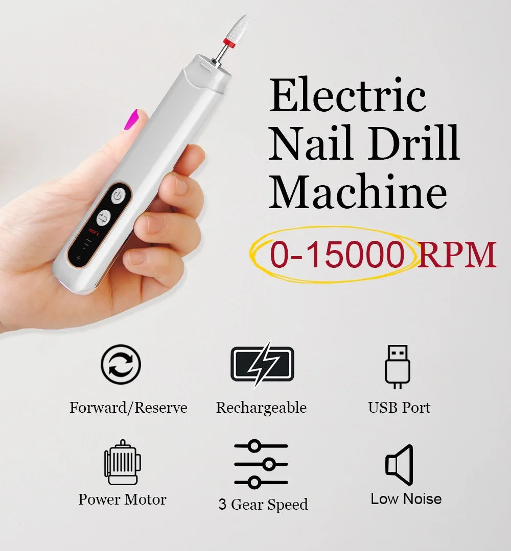 6in1 Wireless Nail Drill 15000RPM with LED Light and Screen Manicure Cutter Nail Repair Pedicure Milling Cutter Polisher Sander