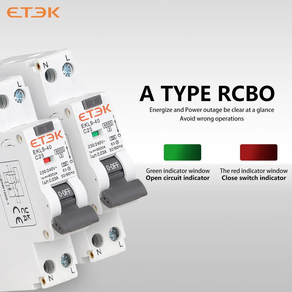 ETEK 6KA 1P+N 2P 10A 16A Curve B 30mA RCBO Type A Intrinsic Safety Residual Current Automatic Circuit Breaker  EKL9-40