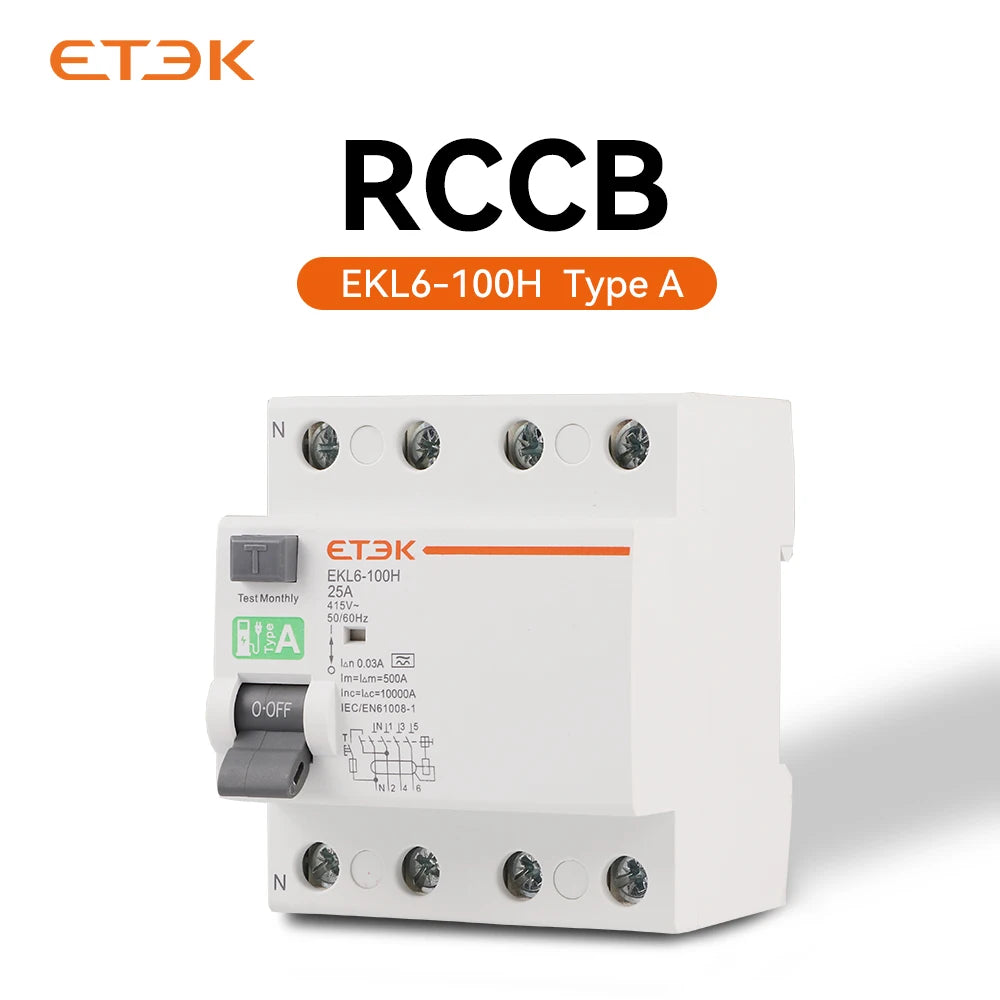 ETEK Type A RCD RCCB Electromechanic Residual Current Circuit Breaker 30ma 2 Pole10KA 3P+N 4P 40A DC 230V EKL6-100H