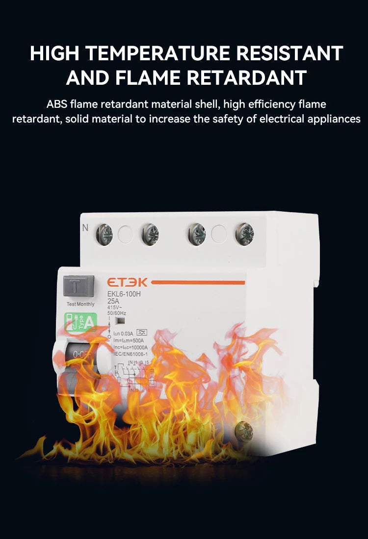 ETEK Type A RCD RCCB Electromechanic Residual Current Circuit Breaker 30ma 2 Pole10KA 3P+N 4P 40A DC 230V EKL6-100H