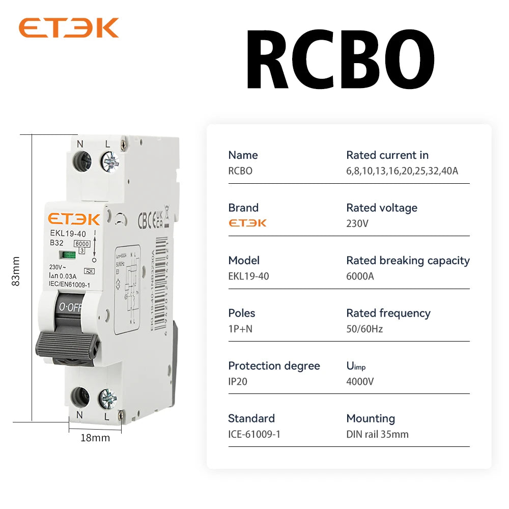 ETEK  A Type RCBO 2Pole 18mm Residual Automatic Circuit Breaker DPN With Over Current Leakage Protection 30mA EKL19