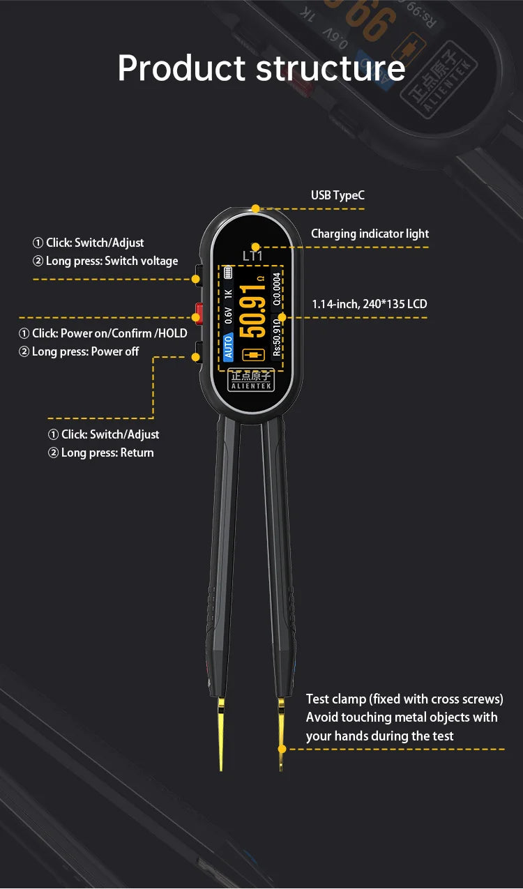 ALIENTEK LT1 Mini Smart Tweezer LCR Tester ERP ESR Tester Digital Resistance Capacitance Inductance Continuity Diode Test Tool