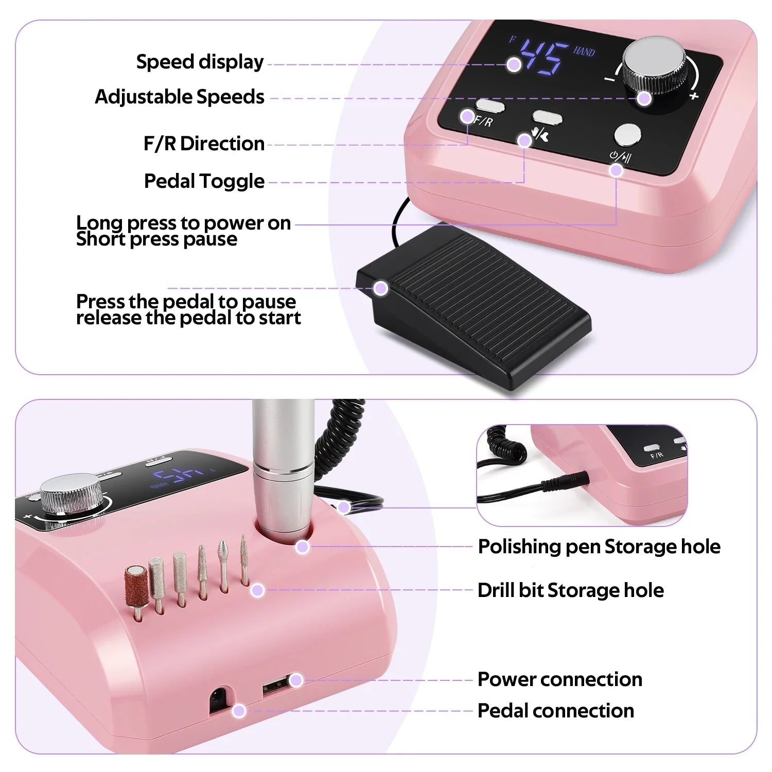 45000RPM Nail Drill Machine Professional Nail Lathe with Large LCD Screen 30W Smart Electric Manicure Polisher Nail Art Toools
