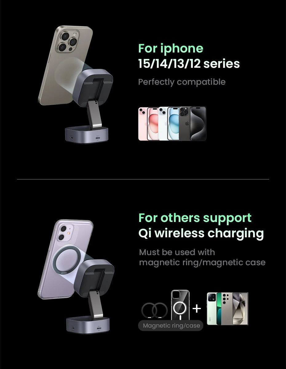 UGREEN Qi2/Qi Magnetic Wireless Charger Stand 15W 2-in-1 Charging Stand For iPhone 16 17 Pro Max/AirPods MagSafe Fast Charger