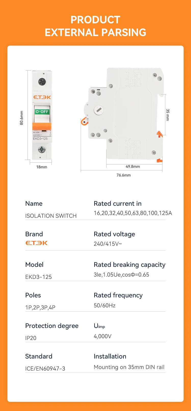 ETEK  Isolater Switch AC 125A Low Voltage 50Hz 1,2,3,4 pole 240/415V High Current Electrical Isolation Switch EKD3