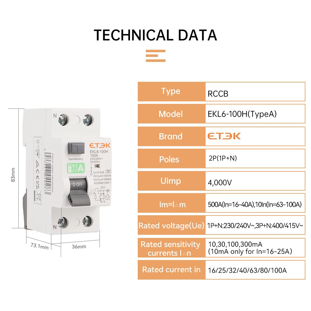 ETEK A Type RCCB 30mA Residual current circuit Breaker 2P(1P+N) RCD 25A 32A 40A 63A 10KA EKL6-100H