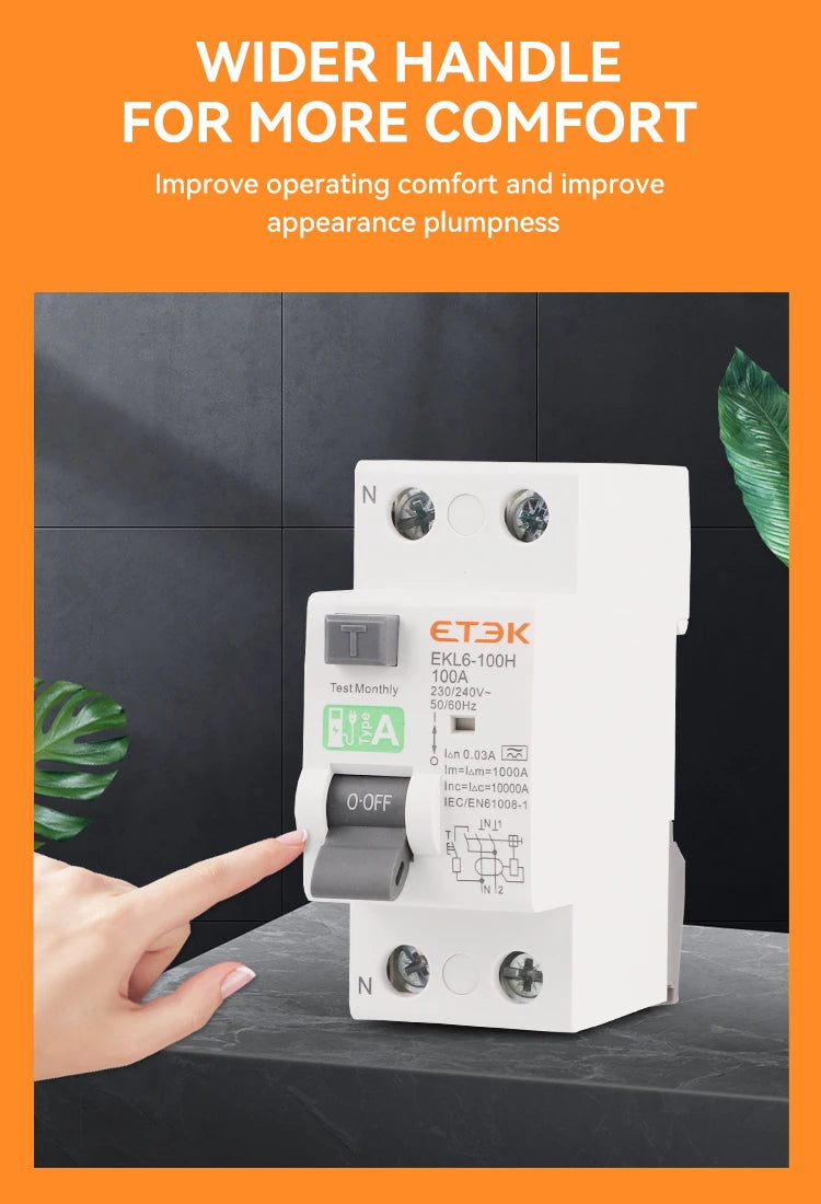 ETEK A Type RCCB 30mA Residual current circuit Breaker 2P(1P+N) RCD 25A 32A 40A 63A 10KA EKL6-100H