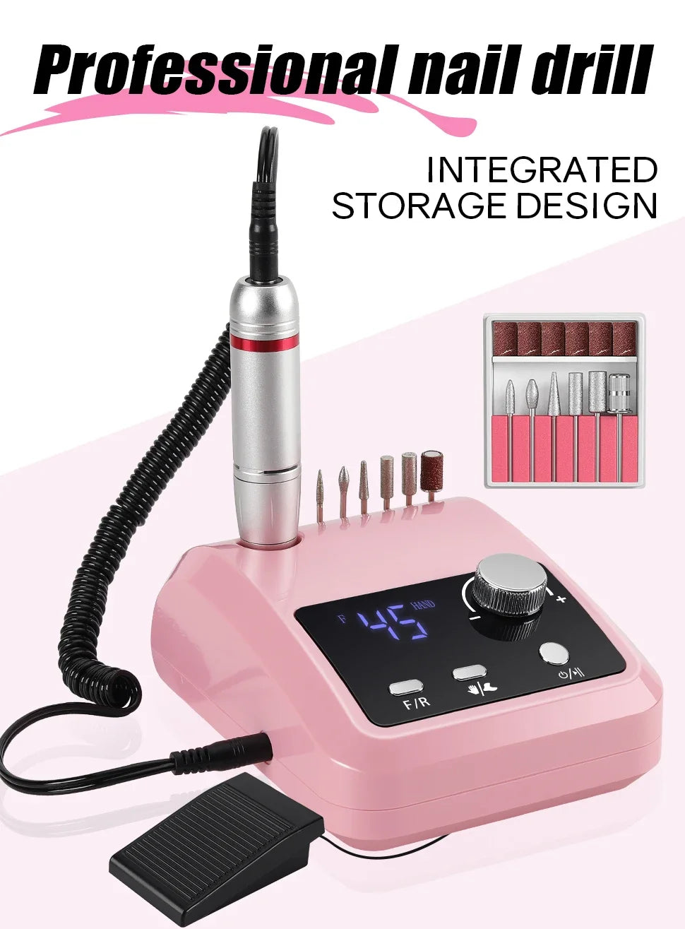 45000RPM Nail Drill Machine Professional Nail Lathe with Large LCD Screen 30W Smart Electric Manicure Polisher Nail Art Toools