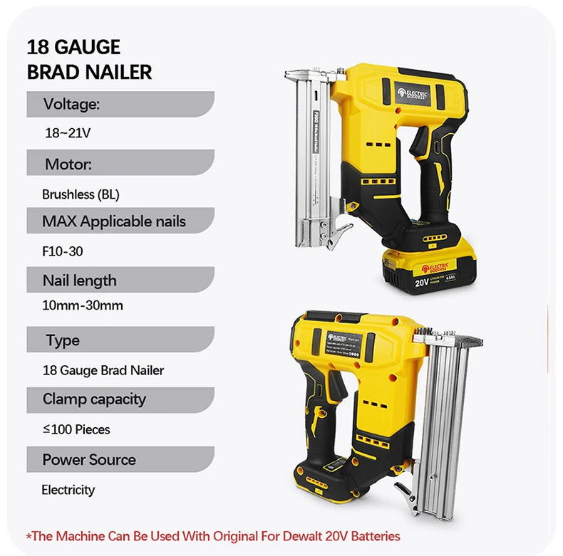 Brushless Electric Nail Gun with Battery Adapter Convert for Dewalt 20v Battery Pin to Milwaukee/Makita 20/18v Battery Pins