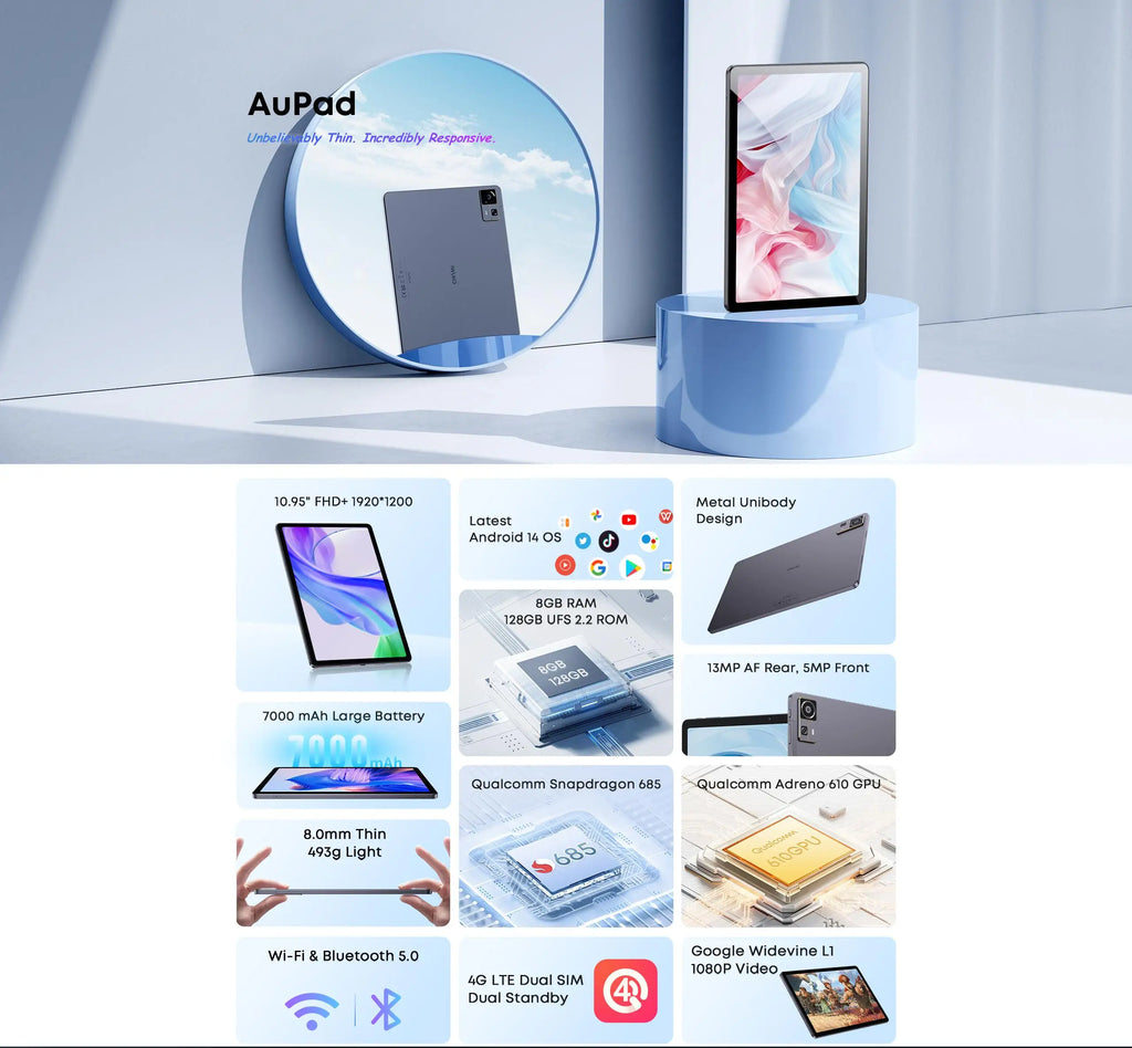 CHUWI Tablet AuPad Android 14 Tablets 10.95" FHD+2K Display Snapdragon 685 8GB RAM 128GB ROM 13MP AF Rear 7000mAh 18W 4G LTE Tab