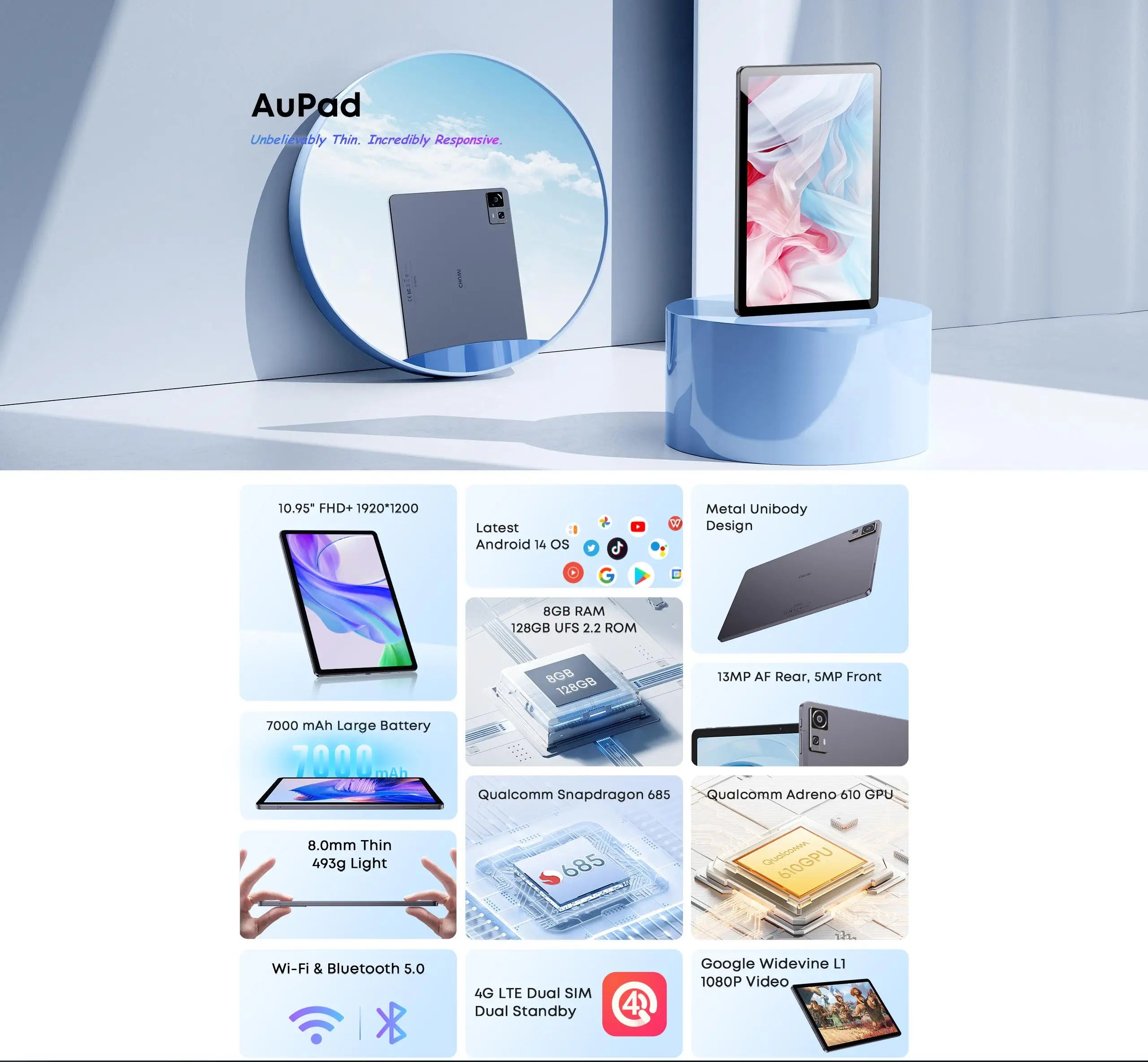 CHUWI Tablet AuPad Android 14 Tablets 10.95" FHD+2K Display Snapdragon 685 8GB RAM 128GB ROM 13MP AF Rear 7000mAh 18W 4G LTE Tab