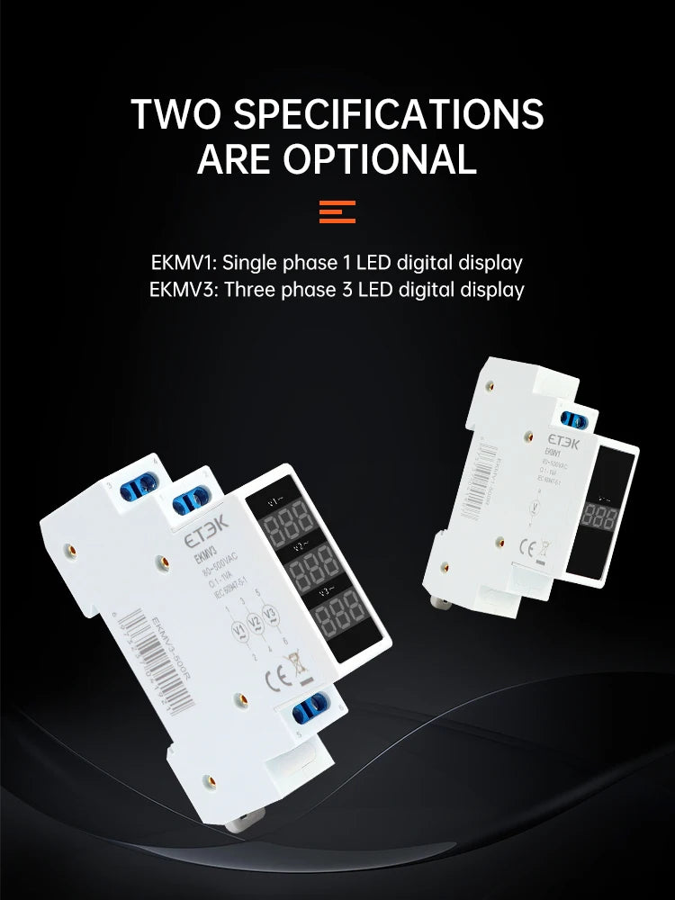 ETEK Modular Three Phase Voltage Meter Ac 220v 230v 380v 80-500V Din Rail Voltage Meter Indicator LED Display Detector EKMV3