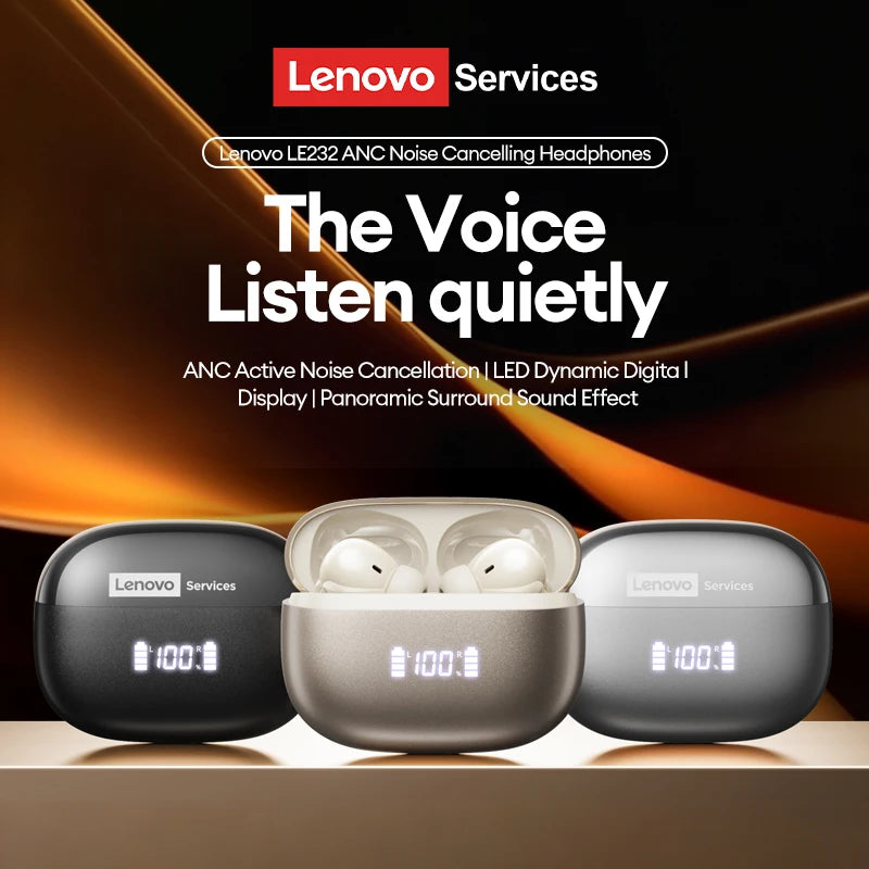 Lenovo LE232 ANC Noise Cancelling True Wireless Earphones Bluetooth 6.0 Gaming Headphone LED Digital Display In Ear Bass Earbuds