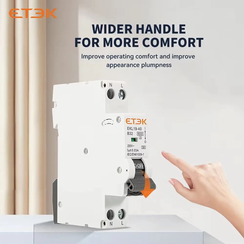 ETEK A Type Residual Automatic Circuit Breaker 6KA 1P+N 2P 18mm RCBO Max 40A 30mA C Curve EKL19