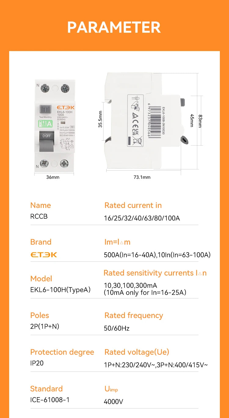 ETEK A Type RCCB 30mA Residual current circuit Breaker 2P(1P+N) RCD 25A 32A 40A 63A 10KA EKL6-100H