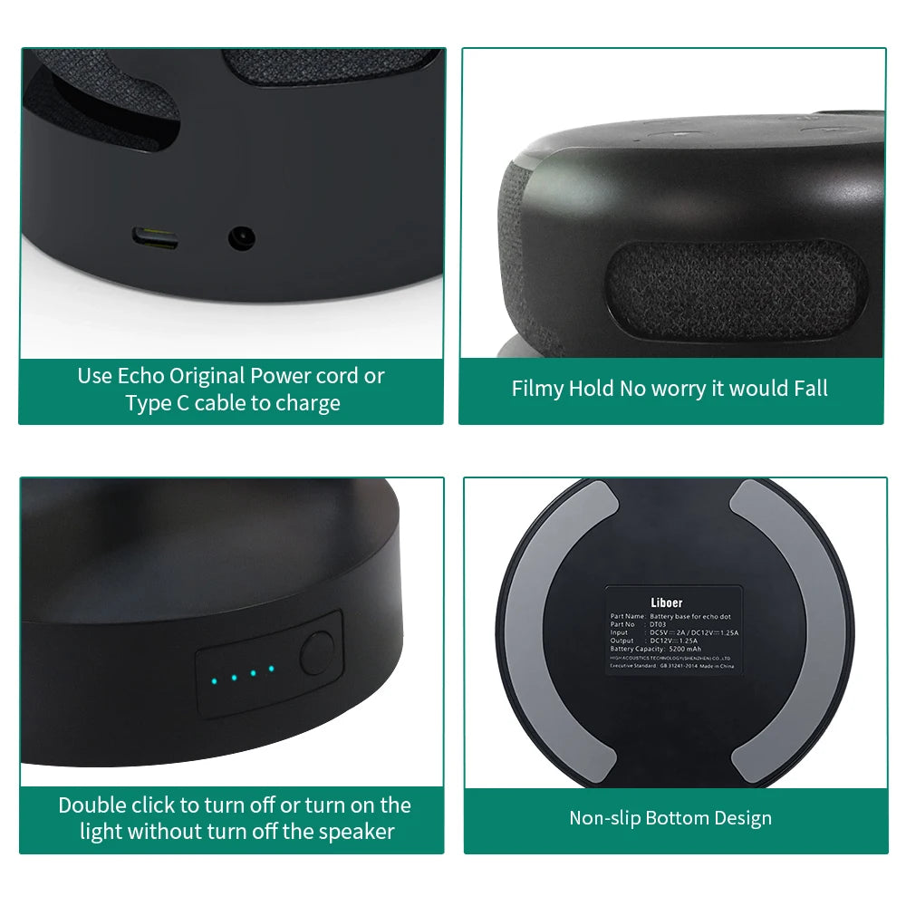 Battery Base for Echo Dot 3 Rechargeable Portable Base for Alexa Speaker Large Capacity 5200mAh/10400mAh Pure Color Black/White