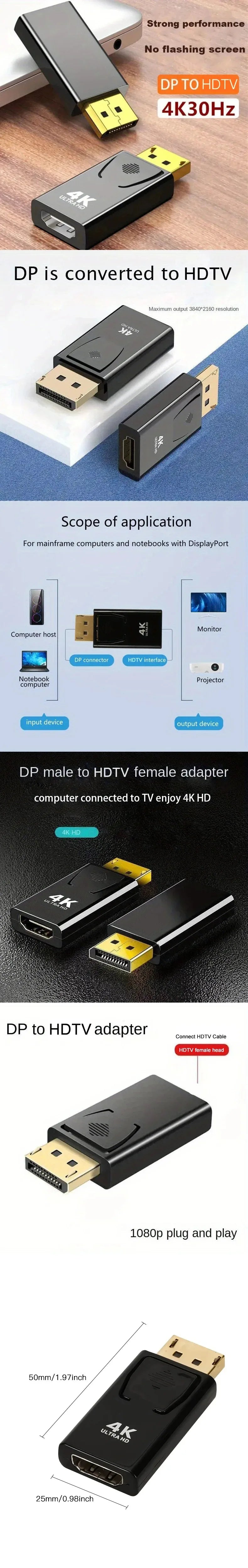 4K DP DisplayPort to HDMI-compatible Adapter Converter Display Port DP to HDMI-compatible HDTV Adapter Video Audio Laptop PC