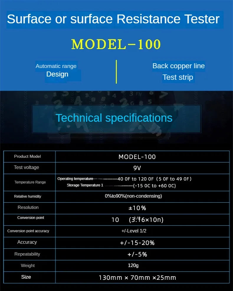 MODEL-100 Surface Resistance Resistivity Meter Electrostatic Static Electricity Tester ESD