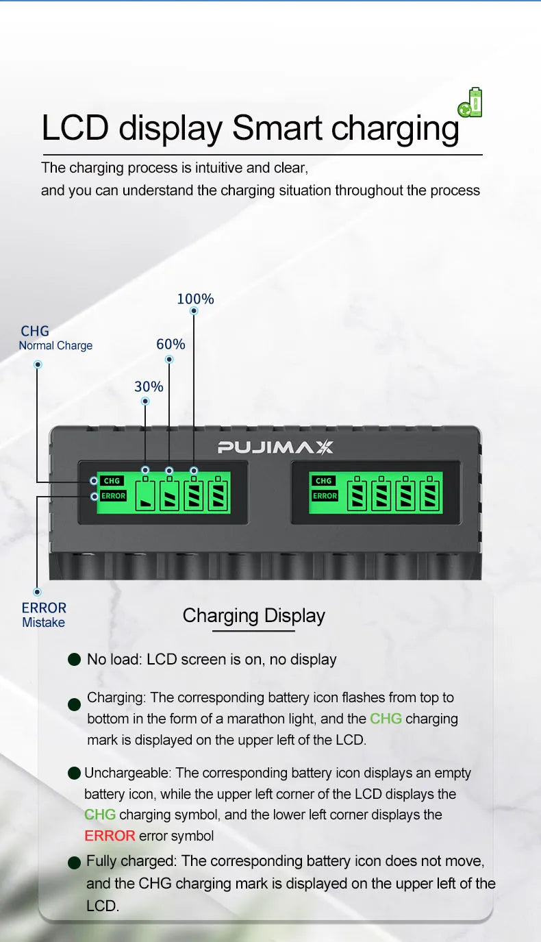 PUJIMAX 8 Slots Smart Battery Charger For 1.2V AA/AAA Ni-MH Rechargeable Batteries Independent Charging Battery Charger