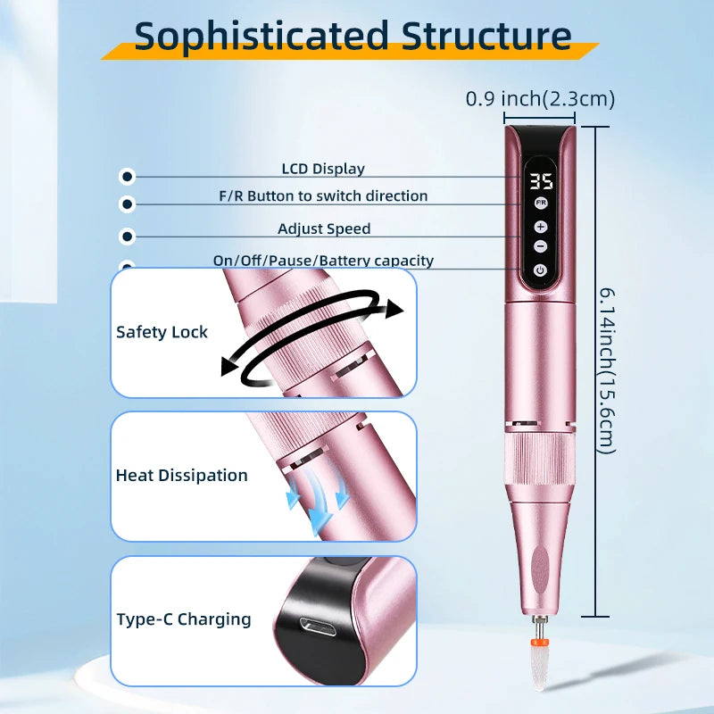 35000RPM Wireless Nail Drill Pen USB Nail File Polishing Pen Rechargeable Nail Drill Machine Portable Manicure Drill Salon Tool