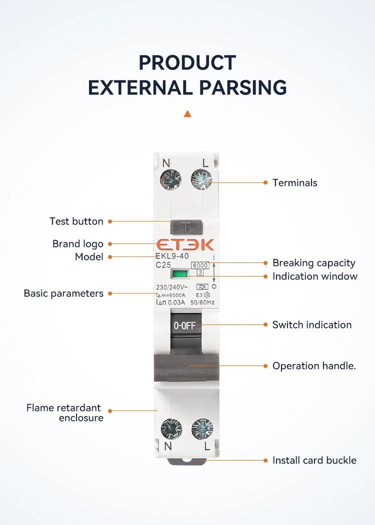 ETEK A Type Residual Automatic Circuit Breaker 6KA 1P+N 2P 18mm RCBO Max 40A 30mA C Curve EKL19
