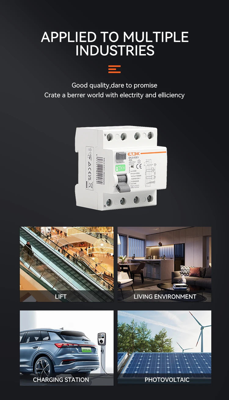 ETEK RCCB Type EV 2P 4P Earth Leakage Circuit Breakers for Car Evse Chargeing Station RCD 40A 63A 30ma EKL6-63EV 10KA Din Rail