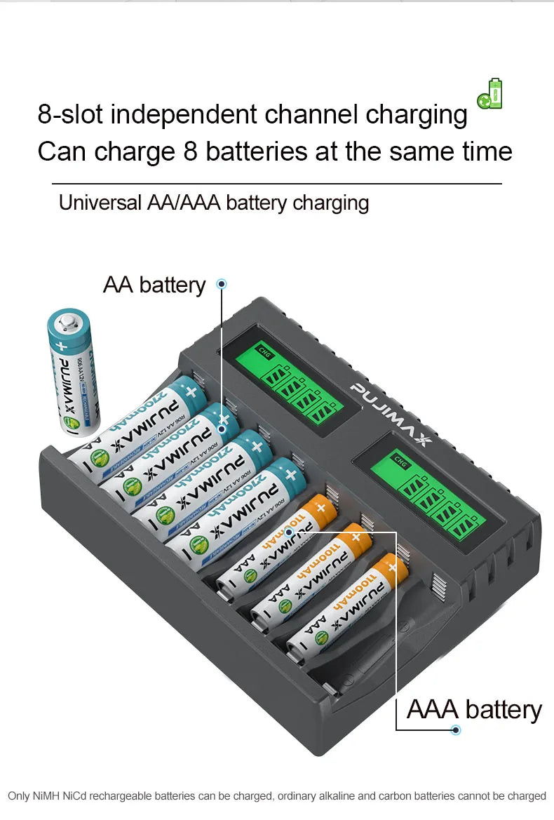 PUJIMAX 8 Slots Smart Battery Charger For 1.2V AA/AAA Ni-MH Rechargeable Batteries Independent Charging Battery Charger