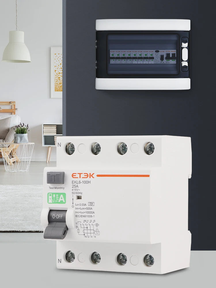 ETEK Type A RCD RCCB Electromechanic Residual Current Circuit Breaker 30ma 2 Pole10KA 3P+N 4P 40A DC 230V EKL6-100H