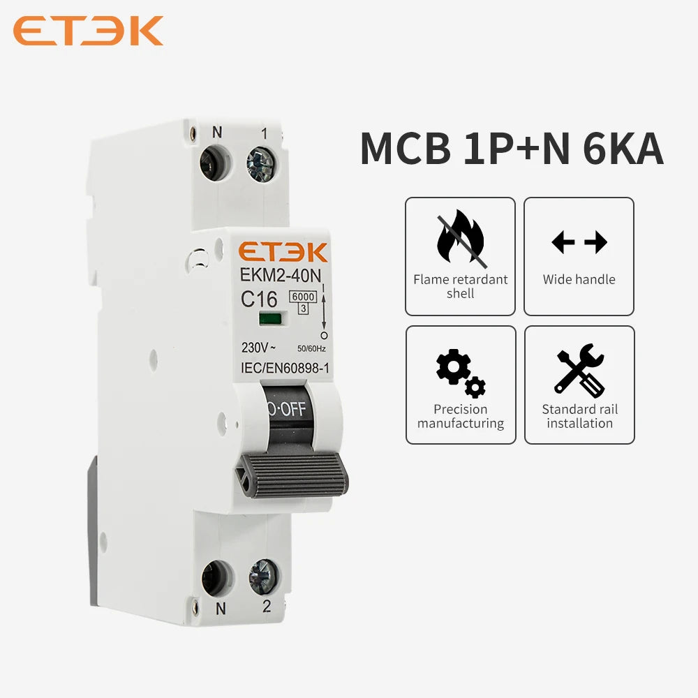 ETEK Din rail mounted miniature household air circuit breaker MCB 30mA C curve 10A 16A 20A 25A 32A 1P+N Mini circuit breaker EKM