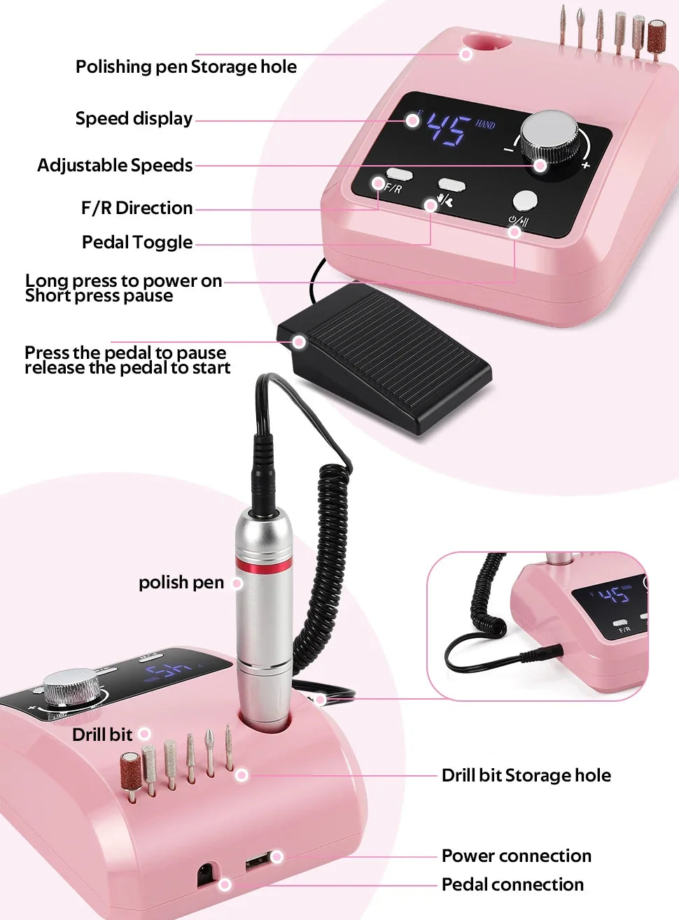 45000RPM Nail Drill Machine Professional Nail Lathe with Large LCD Screen 30W Smart Electric Manicure Polisher Nail Art Toools