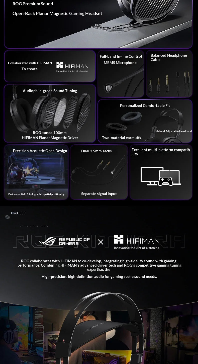 Asus ROG Kithara Limited Edition Headphones Open Back Over Ear Planar Magnetic Wired Headphones 100mm Diaphragm Unit Laptop