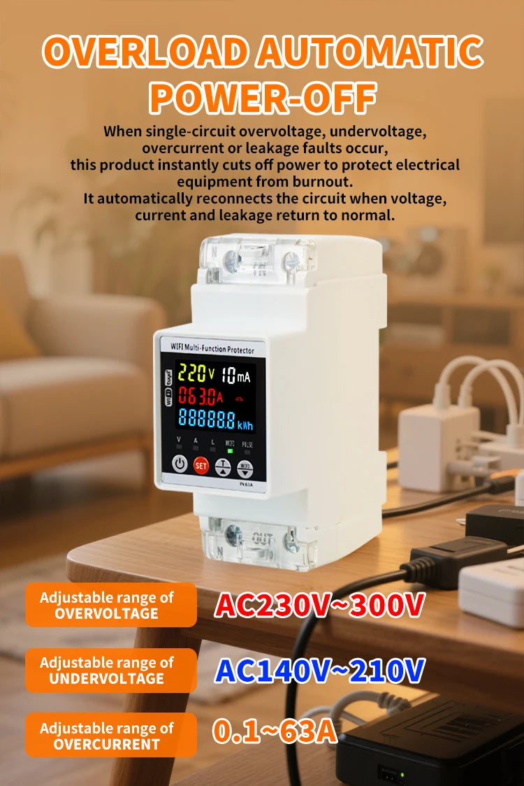 ETEK Smart Kwh Metering Circuit Breaker Adjustable 2P 63A 110V 220V with voltage Current and leakage protection Meter EKVAPS