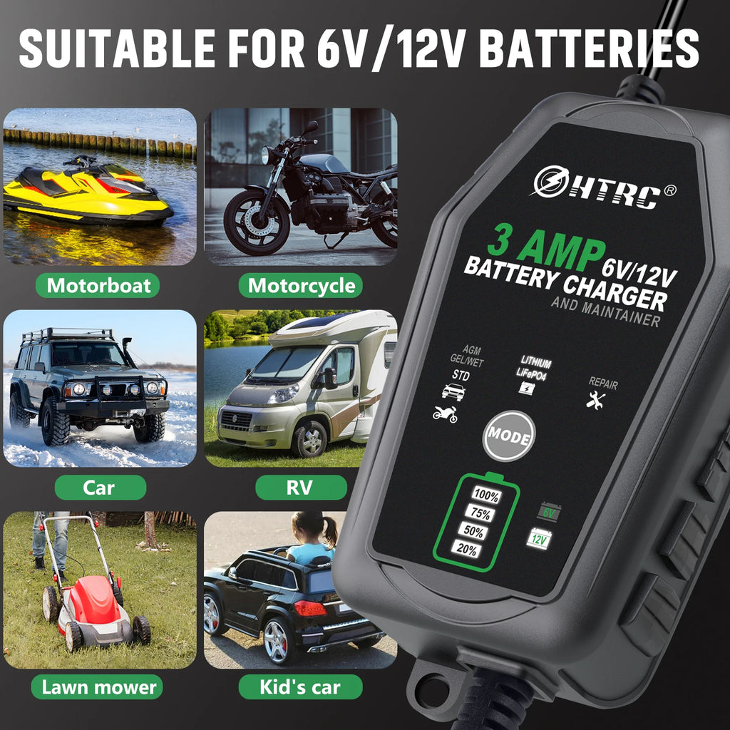HTRC 6V 12V 3000mA Smart Battery Charger Automatic For Trickle Lithium LiFePO4 Lead-Acid AGM GEL Battery Car Motorcycle Charger