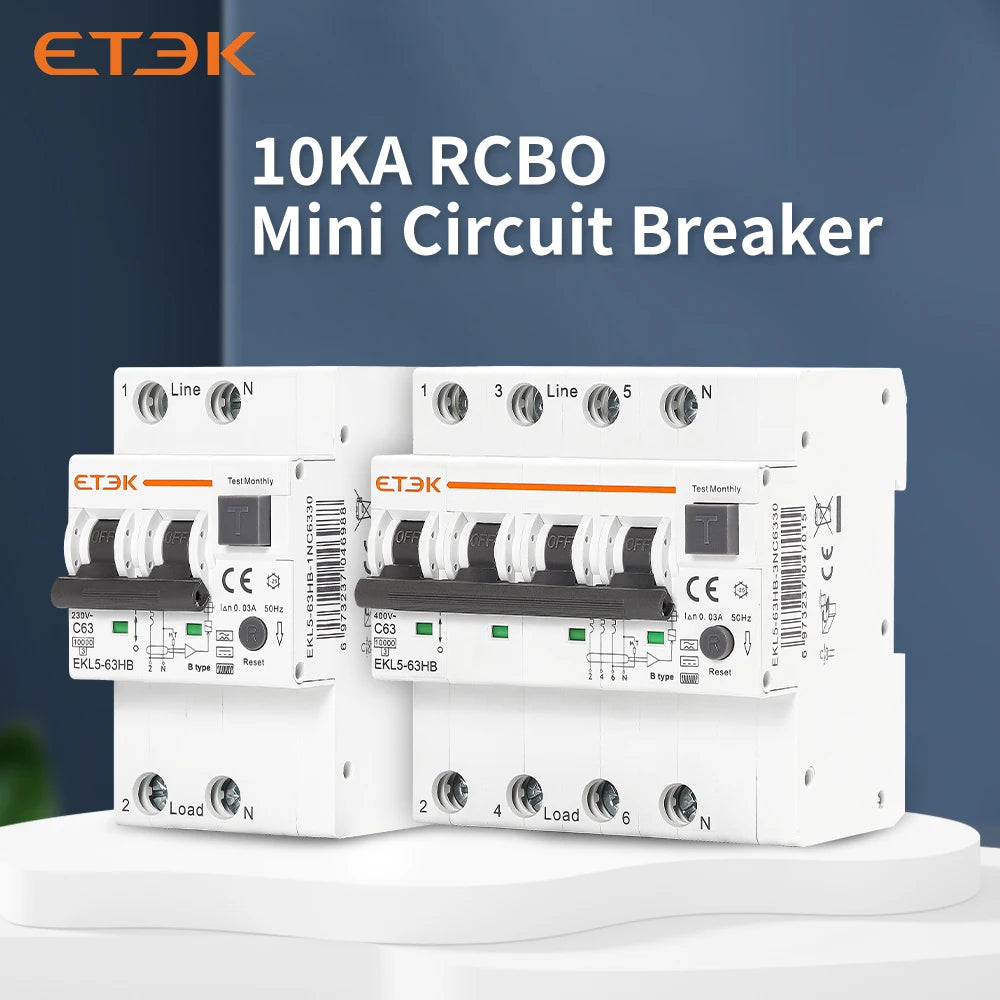 ETEK B Type 230V 1P+N 3P+N  Residual Current Circuit Breaker With Over And Short Current  Leakage Protection C curve RCBO EKL5