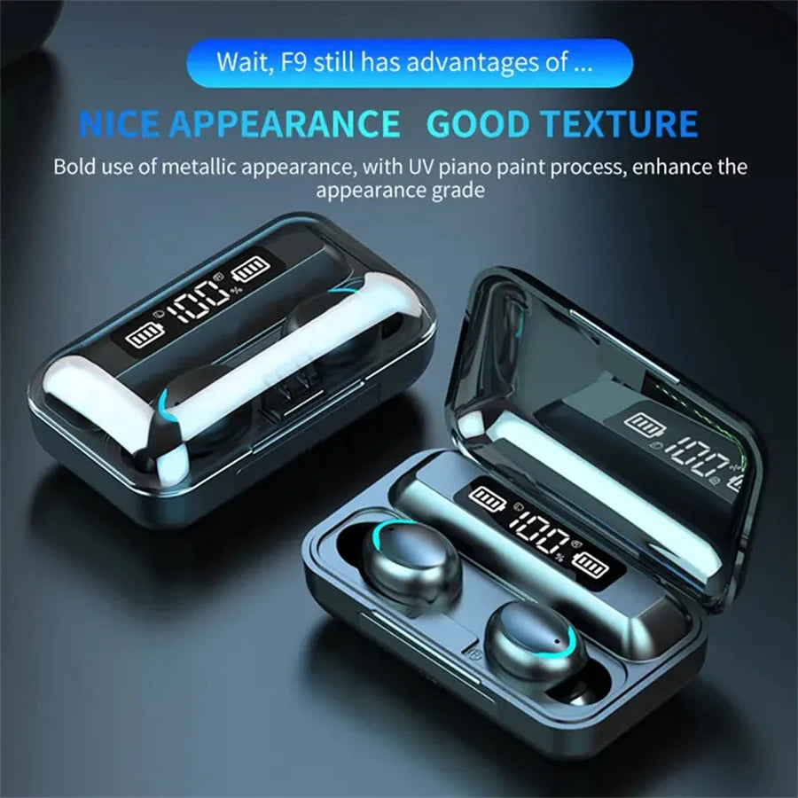 F9 Wireless Game Earbuds - TWS Bluetooth Headphones with Digital Display & Large Capacity Charger