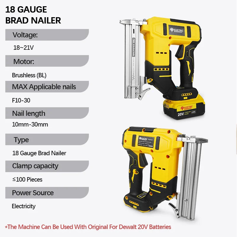 Brushless Electric Nail Gun with Battery Adapter Convert for Dewalt 20v Battery Pin to Milwaukee/Makita 20/18v Battery Pins