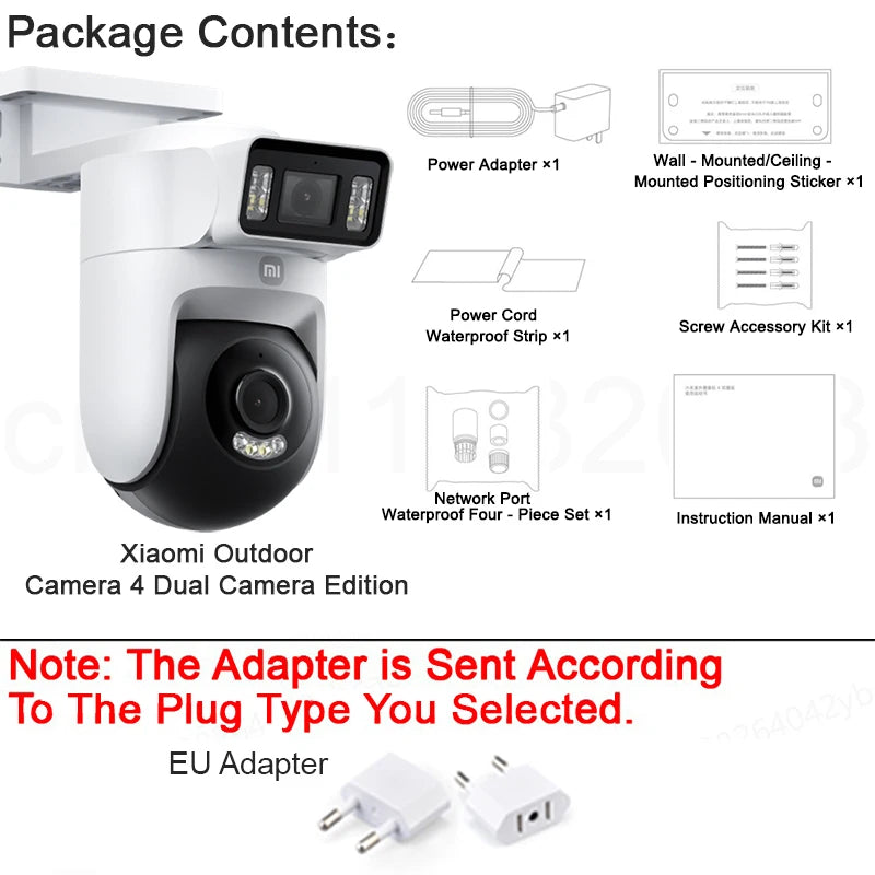 XIAOMI New Outdoor Camera 4 Dual Camera Version，360° 5MP 3K，Audible Visual Alarm，Two-Way Audio，IP66，Chinese Version With Adapter