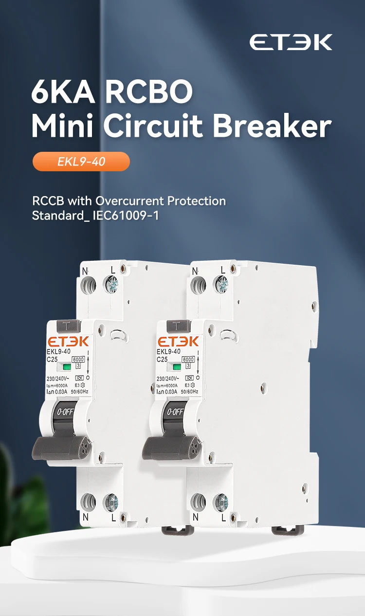 ETEK A Type Residual Automatic Circuit Breaker 6KA 1P+N 2P 18mm RCBO Max 40A 30mA C Curve EKL19
