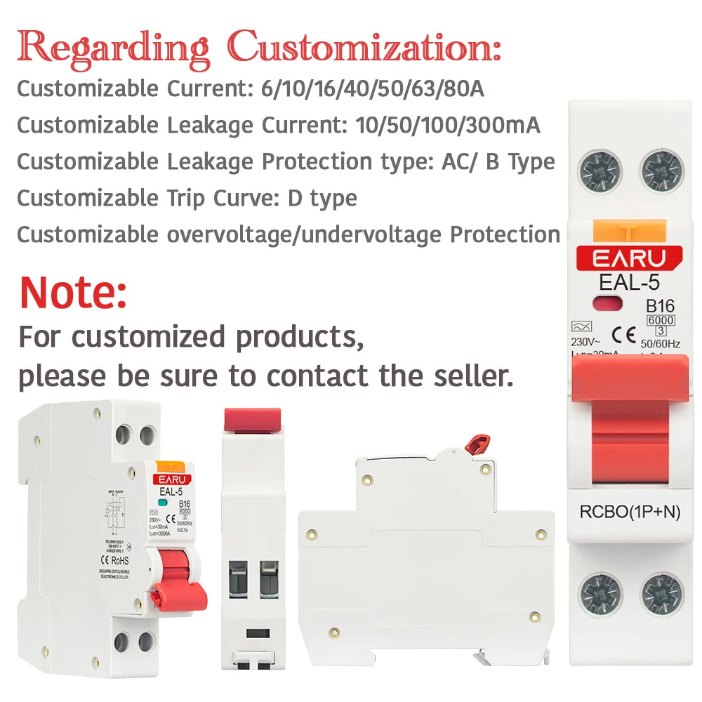 RCBO Type A Residual Automatic Circuit Breaker 1P+N 2P 6A 10A 16A 20A 32A 40A Curve C/B Over Current Leakage Protection 30mA