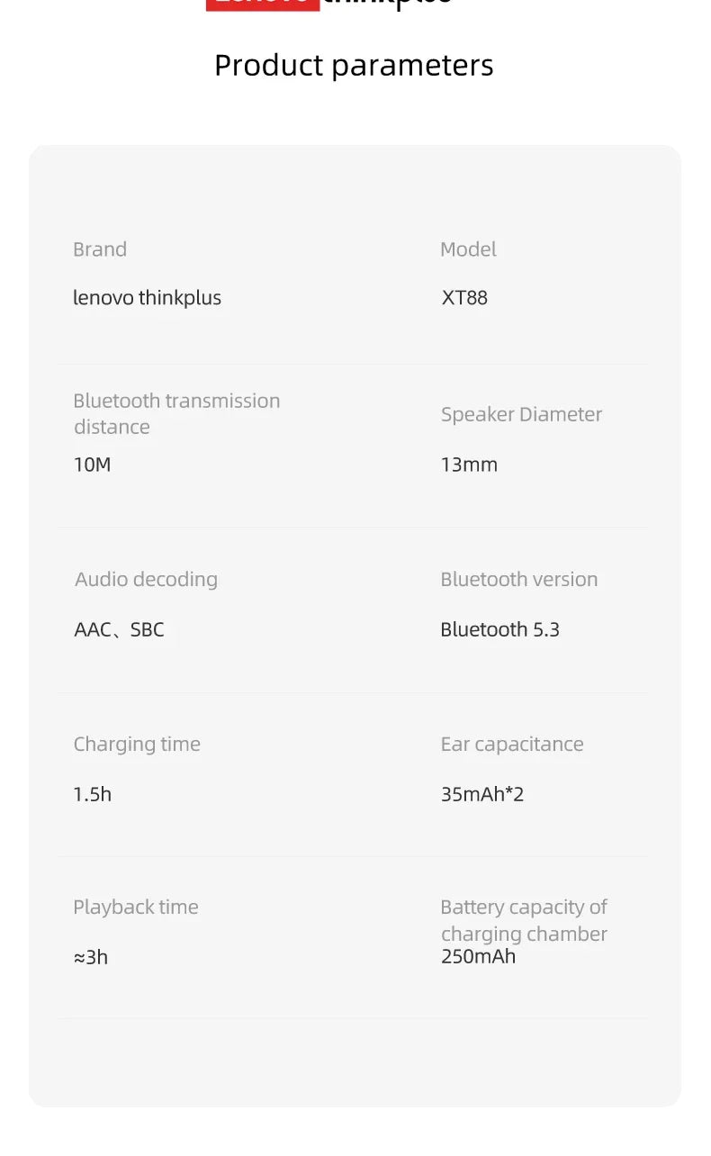 Original Lenovo XT88 TWS Wireless Earphone 5.3 Bluetooth Headphones Stereo Music Call Game Noise Reduction Earbuds Sport Headset