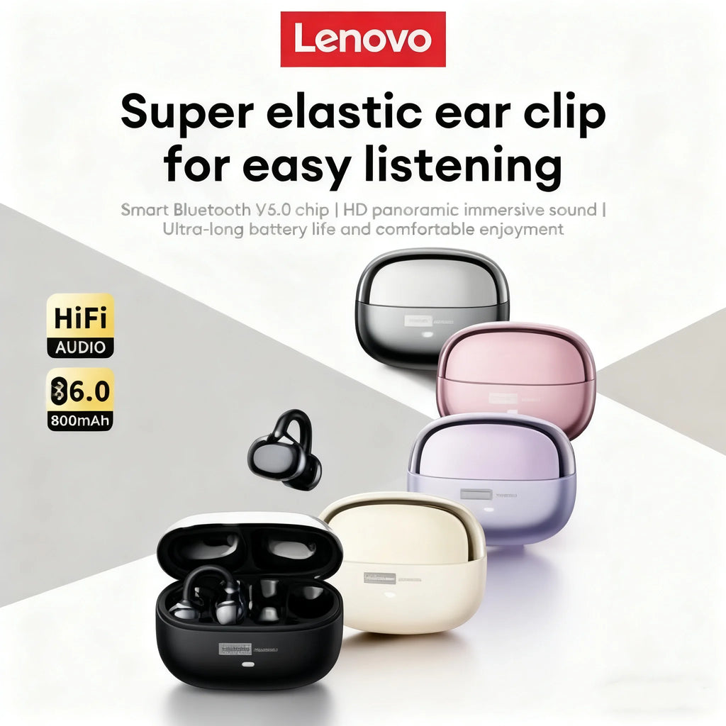 Lenovo LE302 TWS Ear Clip Earbuds | Bluetooth 6.0, HIFI Sound, Low Latency, Touch Control, Long Battery Life with Mic
