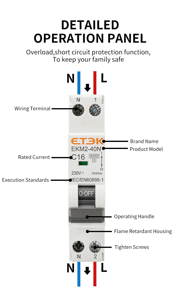 ETEK Din rail mounted miniature household air circuit breaker MCB 30mA C curve 10A 16A 20A 25A 32A 1P+N Mini circuit breaker EKM